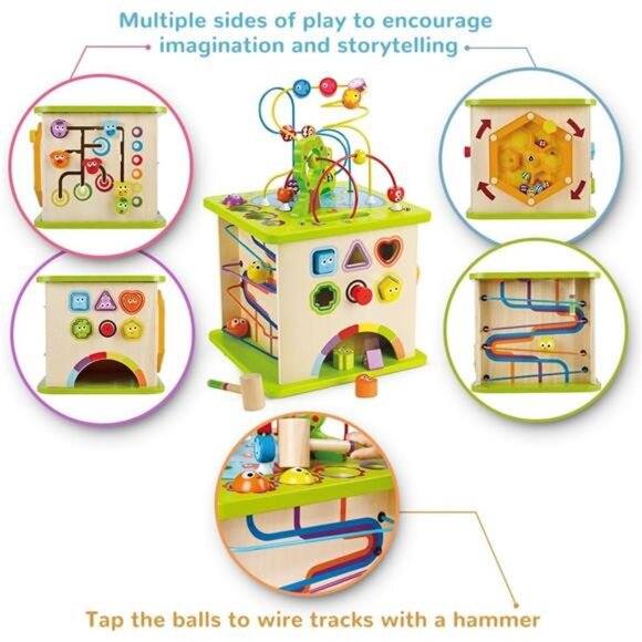 Play Cube| Wooden Learning Puzzle Toy for Toddlers,  5-Sided Activity Centre - Picture 3 of 7